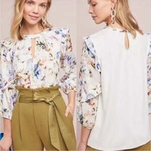 🎀 Dolan Anthropologie Araminta Floral Blouse Ruffle- 3/4 Sleeve Women’s Large